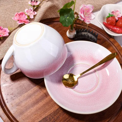 Miniatura 7 de Juego de taza de café y platillo de cerámica azul con cuchara dorada, juego de tazas de té artesanales de esmalte azul profundo de 10 onzas, taza