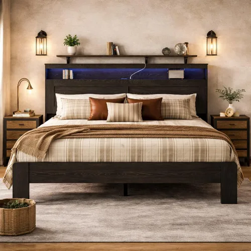 Miniatura 11 de Marco de cama de madera tamaño King con cabecera, base de cama de plataforma estilo granja rústica con soporte de listones de madera, resistente
