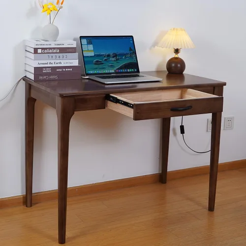 Miniatura 12 de Escritorio de madera maciza con cajones, escritorio de computadora de madera para oficina en casa, escritorio de estudio de juegos para espacios