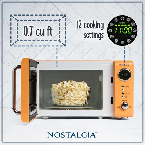 Miniatura 3 de Nostalgia Horno microondas compacto retro para encimera, 0.7 pies cúbicos y cafetera programable retro de 12 tazas con pantalla LED