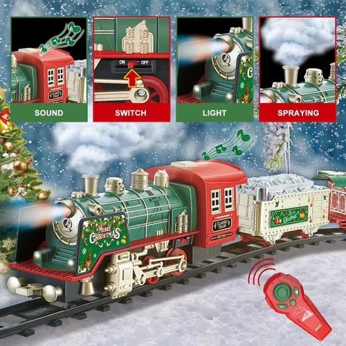 Miniatura 3 de JQ JUQU Juego de tren eléctrico de control remoto con vapor real, luces y sonido, tren de juguete para niños de 3 a 8 años con pistas completas