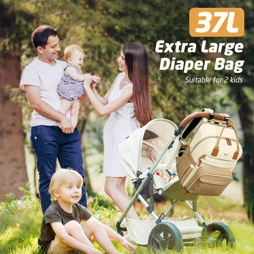 Miniatura 3 de Mochila para pañales extra grande para 2 niños gemelos, bolsas de viaje para bebé para mamá y papá, 25-37L, expandible, con cambiador, orificio