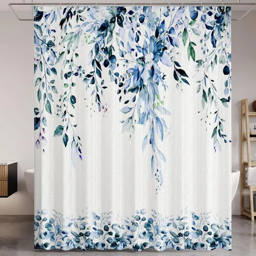 Miniatura 10 de Cortina de ducha de hojas de eucalipto negras para baño: juego de cortinas de ducha con acuarela de arte estético con ganchos, decoración de tela