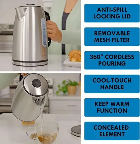 Miniatura 4 de Kenmore - Hervidor digital inalámbrico de 1.7 L/1.8 cuartos de galón, hervidor eléctrico de acero inoxidable con control de temperatura digital