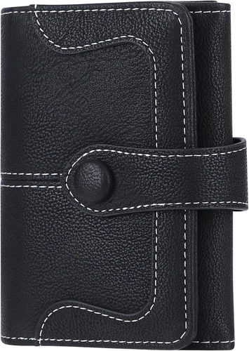 Cartera de cuero plegable para tarjetas de crédito para mujer, cartera compacta corta con bolsillo con cremallera, Negro, Talla única, Vintage