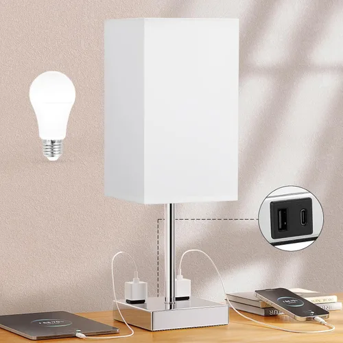 Miniatura 9 de Lámpara de mesa de noche táctil, con pantalla, puertos de carga USB C+A y salidas de CA duales, para dormitorio, sala de estar, oficina