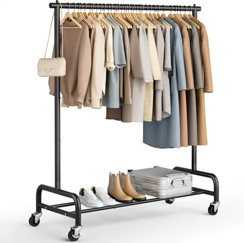 Miniatura 8 de MISSLO Perchero resistente para colgar ropa, perchero con ruedas para abrigo, ropa, negro mate (doble varilla)