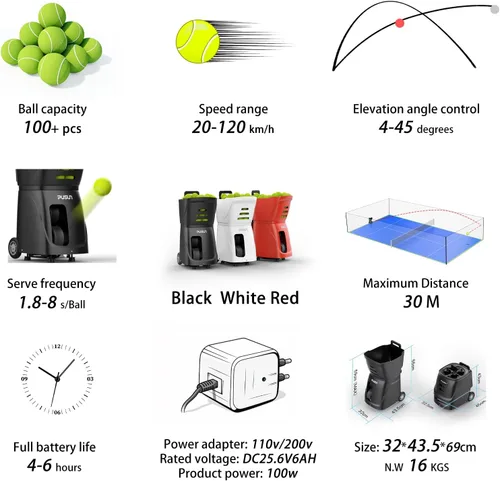Miniatura 6 de Padel-Smart-Máquina profesional de pelotas de pádel con control de aplicación, capacidad de más de 100 bolas, batería de 4 a 6 horas, 12 modos