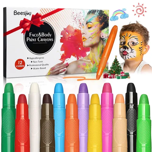 Beesjuy Kits de pintura facial para niños, kit de pintura facial a base de agua de 12 colores, pintura corporal lavable para niños, para cumpleaños,