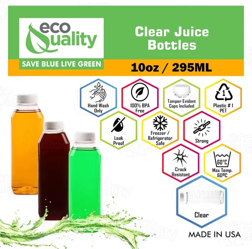 Miniatura 2 de Botellas vacías de plástico PET transparente de 10 onzas con tapas, (11.8 fl oz), botellas cuadradas desechables de plástico con tapas a prueba