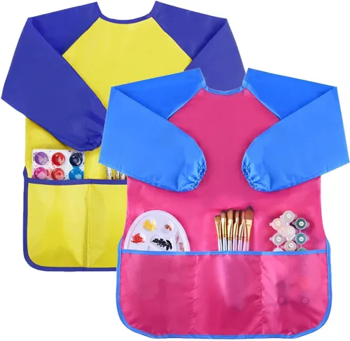 Paquete de 2 delantales de arte impermeables, delantal de pintura de artista con 3 bolsillos para cocina, suministros de fiesta, manga larga