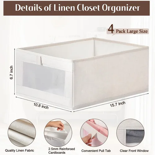 Miniatura 2 de VZZNN Paquete de 4 organizadores y almacenamiento de lino, cestas de almacenamiento de lino para organización, contenedores organizadores plegables