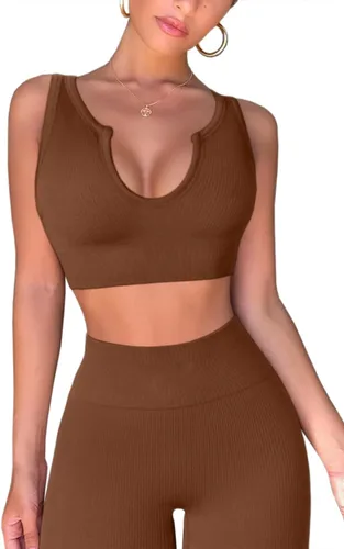 Miniatura 3 de QINSEN Conjuntos de entrenamiento para mujer, 2 piezas, acanalados, sin costuras, sin mangas, cintura alta, leggings de yoga