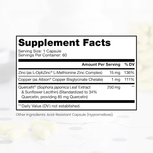 Miniatura 2 de Zinc Defense Zinc + Cobre + Quercetina 60 porciones en cápsulas veganas L-OptiZinc y Quercefit ionóforo Minerales quelados Apoyo al