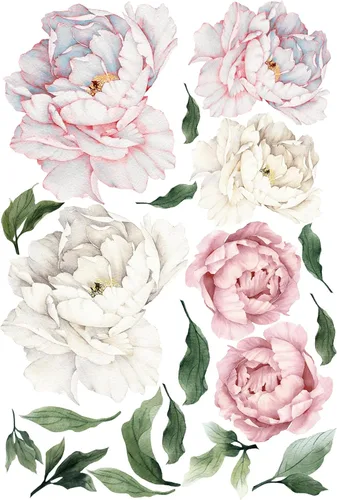 Pegatina de pared de peonía grande con diseño de peonía, calcomanías de pared de flores para niños, acuarela, floral, removible, despegar y pegar