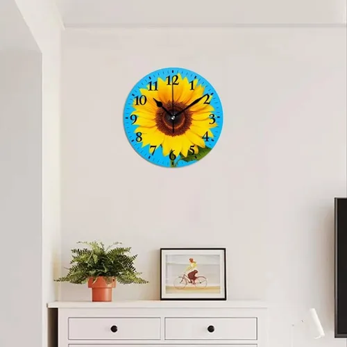 Miniatura 4 de Reloj de pared, funciona con pilas, redondo, silencioso, sin tictac, girasol contra fondo azul, reloj decorativo para cocina, baño, sala de estar