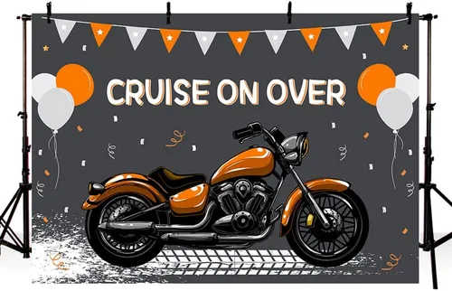 MEHOFOND Telón de fondo para fiesta de cumpleaños de niño de motocicleta para niño con feliz primer cumpleaños, crucero sobre paseo, fotografía,