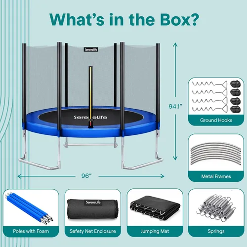 Miniatura 7 de SereneLife Trampolín para exteriores de 8 pies, 10 pies, 12 pies, 14 pies con red, escalera y revestimiento antioxidante, trampolines recreativos