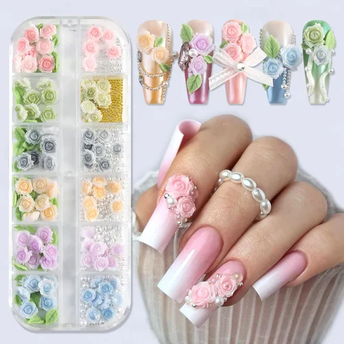 Miniatura 8 de Dijes de Uñas 3D Multiformas, Aurora Rosa Camelia Mariposa Flor Acrílica Lazo Transparente Corazón Blanco Perlas de Respaldo Plano Decoración