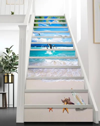 Miniatura 12 de FLFK - Adhesivos para escalones de playa al amanecer - Juego de 15, calcomanías pela y pega para peldaños de escaleras, 39.3"x7.08" Gxl3203