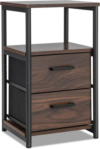 Giantex Mesita de noche, mesita de noche con 2 cajones de tela y estante de madera abierto, mesa auxiliar con cubos de tela, marco de metal