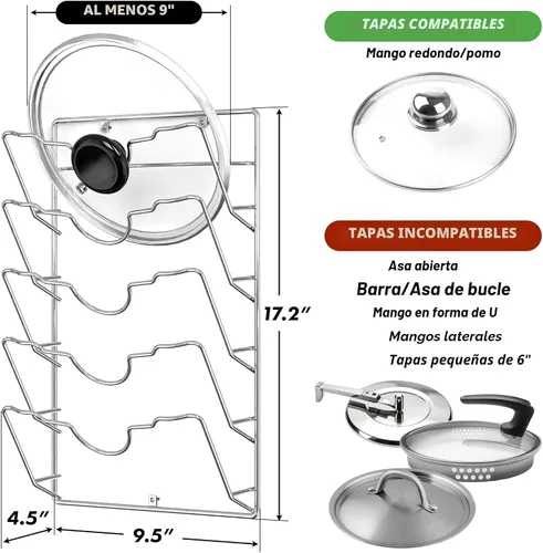 Miniatura 2 de Simple Houseware Estante para Tapas de Ollas Montado en Pared o Puerta, Acabado Cromado