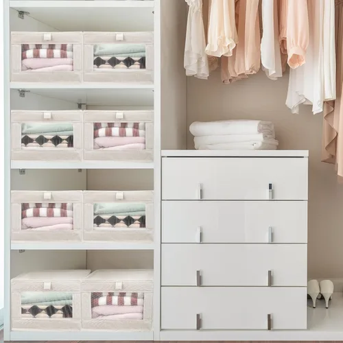 Miniatura 5 de Kigley 12 unidades de lino organizadores y almacenamiento plegables para ropa, caja plegable grande con cestas de almacenamiento de ventana