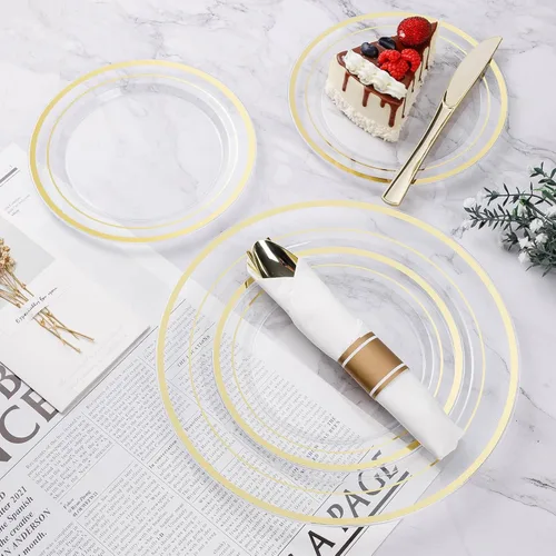 Miniatura 3 de BESTVIP - Juego de vajilla de plástico dorado transparente de 350 piezas para 50 invitados, plato desechable para fiestas de Navidad y Año Nuevo