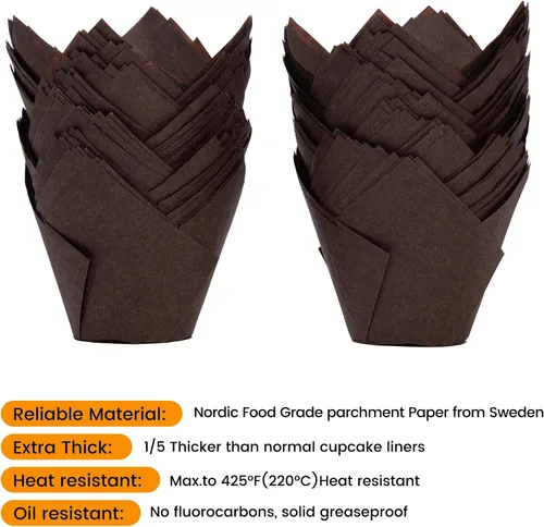 Miniatura 3 de Bake Choice Nordic Paper 100 unidades de forros grandes para magdalenas de tulipán marrón para tazas de horneado, papel pergamino de la UE, forros