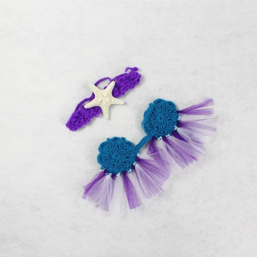 Miniatura 4 de Accesorios de fotografía para recién nacidos, diadema de estrella, brasier y cola de sirena para sesión de fotos de bebé (azul oscuro)