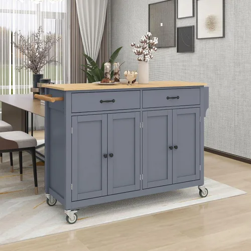Miniatura 8 de LUMISOL Carrito móvil de isla de cocina con gabinete sobre ruedas, carrito rodante con tapa de madera de caucho, cajones, toallero y estante
