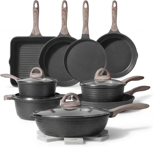 JEETEE Juego de ollas y sartenes antiadherentes, 23 piezas, juegos de utensilios de cocina de cocina saludable, juego de cocina de inducción con