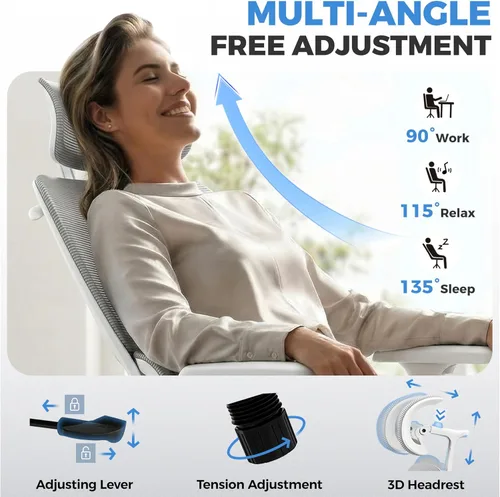 Miniatura 5 de Silla de oficina, silla de escritorio ergonómica de oficina con soporte lumbar, respaldo de malla transpirable y cojín de asiento grueso, sillas