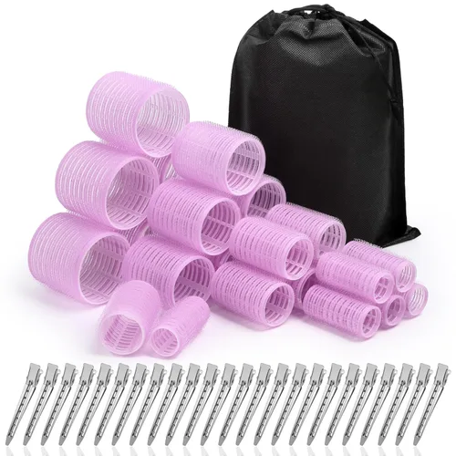 Miniatura 8 de Juego de rizadores de pelo con 24 rodillos (6 jumbo, 6 grandes, 6 medianos, 6 pequeños) y 24 clips para todas las longitudes de cabello (negro)
