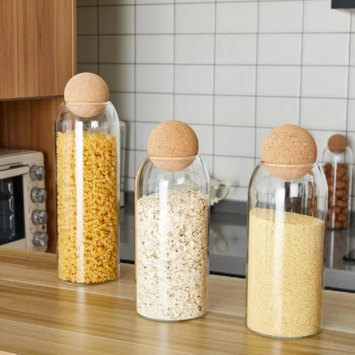 Miniatura 6 de Suclain 1 tarro de vidrio con tapa de bola de corcho, recipientes de cocina de granja, contenedor de café, encimera, tarros de almacenamiento