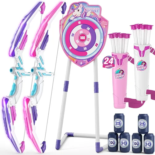 Miniatura 11 de HYES Arco y flecha para niños, juego de tiro con arco con luz LED con 12 flechas de ventosa, 1 objetivo para colgar, 3 objetivos de puntuación y 1