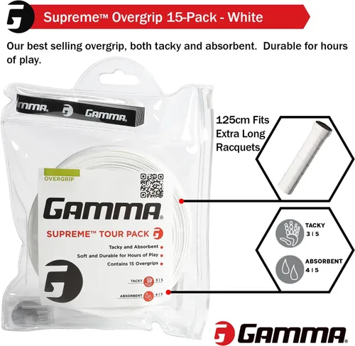Miniatura 3 de Gamma Sports Supreme Overgrip para raquetas de tenis, pickleball, squash, bádminton y raquetball, varios tamaños y colores Blanco