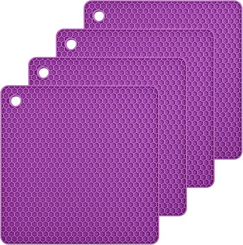 Tapete salvamanteles de silicona para encimeras, resistentes al calor, 4 unidades, tamaño: 7.5 x 7.5 pulgadas, color: morado Púrpura