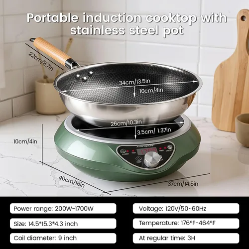 Miniatura 9 de Wok de inducción cóncava de 1700 W 120 V con wok de acero inoxidable, calentamiento continuo sin pulsos, 16 niveles de potencia, quemador portátil