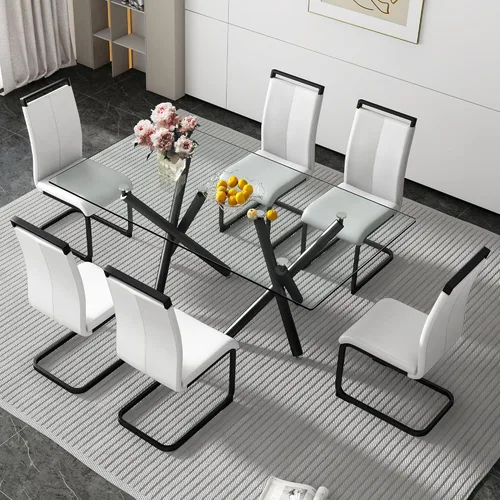 Miniatura 40 de Juego de 8 mesas de comedor de cristal, moderno juego de mesa de comedor de 71 pulgadas con 8 sillas de comedor tapizadas de piel sintética