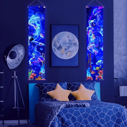 Miniatura 6 de Tiamon 2 Piezas de Arte de Luz Negra para Pared, Tapiz Trippy de Luz Negra, Póster de Tapiz UV Reactivo, Banner Estético, Fondo de Pared para Colgar
