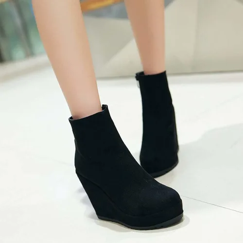 Miniatura 3 de Botines de tacón de cuña de moda para mujer, botines con cremallera y plataforma de cuero nobuk
