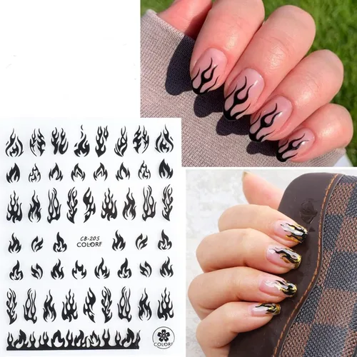 Miniatura 5 de 10 hojas de calcomanías de arte de uñas, calcomanías de arte de uñas doradas y negras, diseño de llama, calcomanías de uñas autoadhesivas 3D