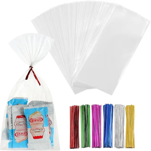 200 bolsas de celofán planas de celofán de 4 x 9 pulgadas, transparentes y gruesas, con lazos torcidos de 6 colores, embalaje, galletas, dulces,