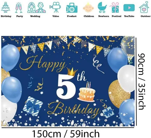 Miniatura 2 de Cartel de fondo de 5º cumpleaños para niños y niñas, azul, 59 x 35.4 pulgadas Póster de tela con letrero de fondo, suministros de fiesta de quinto