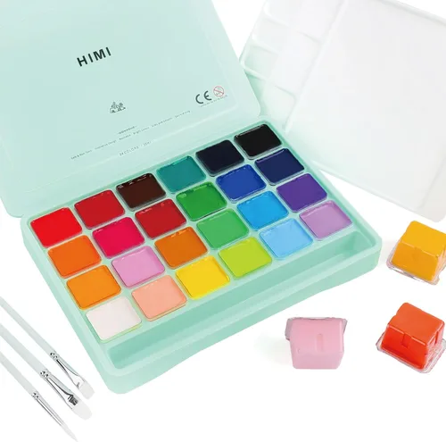HIMI - Juego de pintura Gouache de 24 colores vibrantes, pinturas no tóxicas, diseño de taza de gelatina con pinceles de pintura de paleta, portátil
