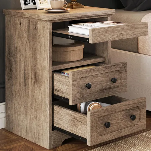 Miniatura 13 de Mesita de noche LIKIMIO, mesa de noche moderna con 2 cajones, estante abierto, mesa auxiliar con bandeja extraíble, mesa auxiliar de madera