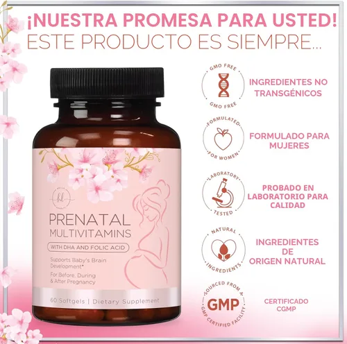 Miniatura 4 de Vitaminas prenatales para mujeres con ácido fólico + Omega 3 DHA para apoyo al desarrollo fetal - Suplemento vitamínico prenatal para mamá y bebé