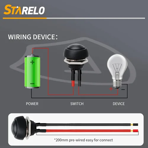 Miniatura 6 de STARELO 6 interruptores de botón momentáneos de 0.472 in, mini interruptor redondo impermeable SPST 3A 125V AC 2Pin 1NO con cable pre-soldado Negro