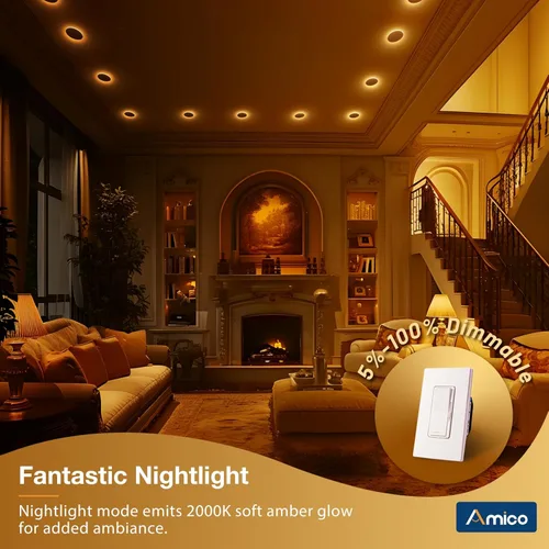Miniatura 6 de Amico paquete de 12 luces de techo empotrables de 3 pulgadas, 5 CCT, con luz nocturna, 2700K/3000K/3500K/4000K/5000K seleccionables, iluminación